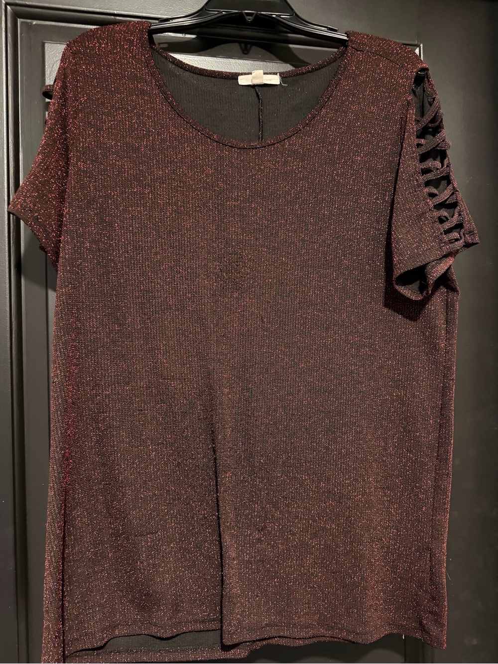Criss cross Sleeve Shimmer Short Sleeve Top - Wine